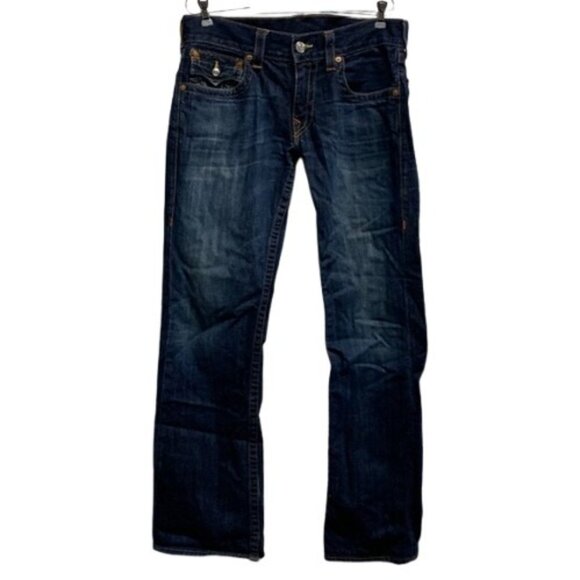 True Religion Billy Men’s 34W Blue Denim Jeans‎ Straight Leg USA Distressed Hem - Picture 1 of 16